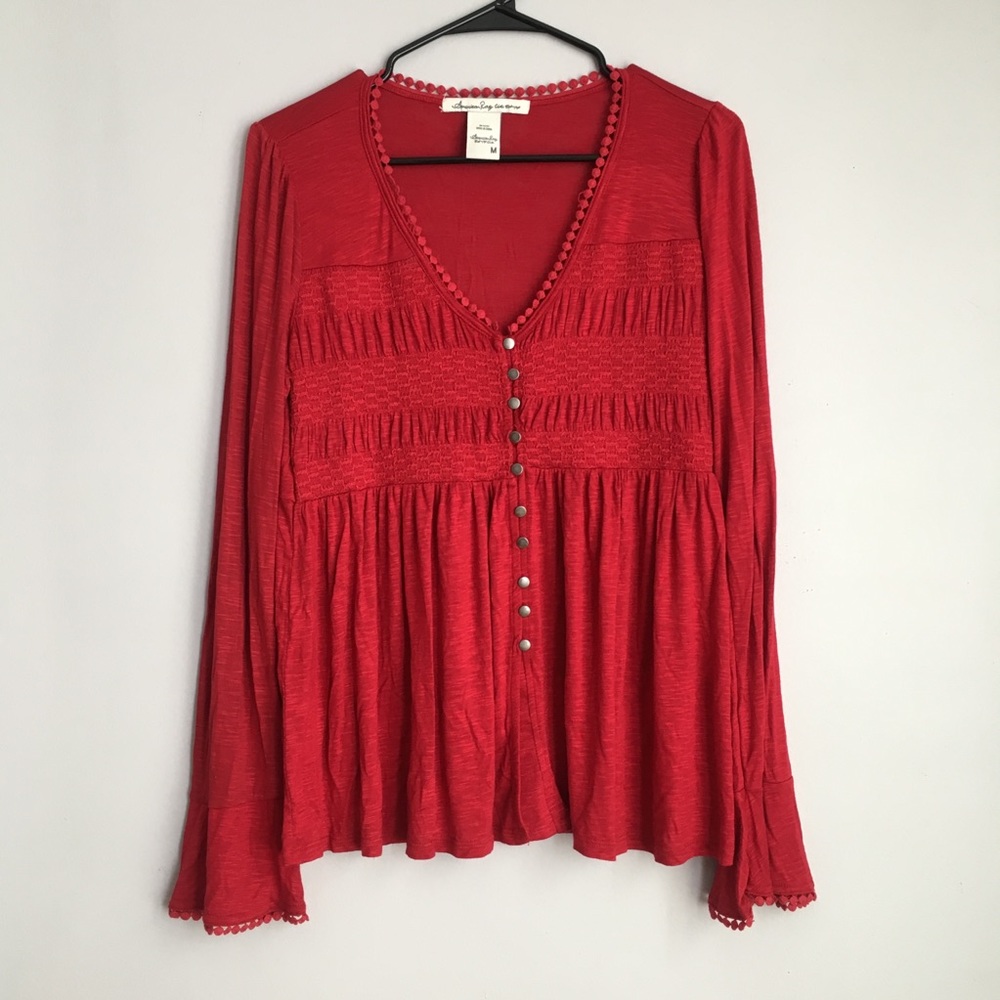 American Rag Red Bell Sleeve Button Blouse